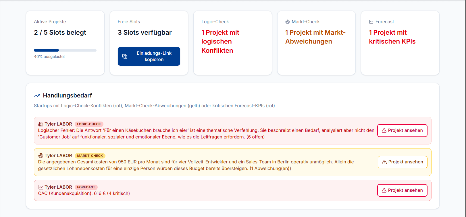 Idea Forge Partner-Cockpit mit Slots, Logic-Check und Handlungsbedarf