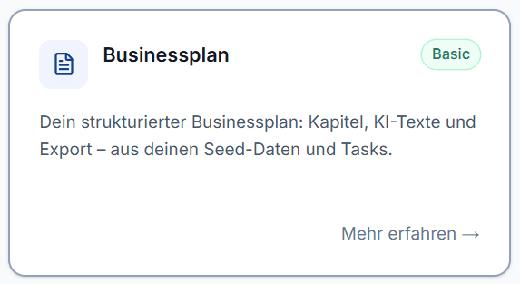 Businessplan-Modul in Idea Forge mit Kapitelstruktur und Export