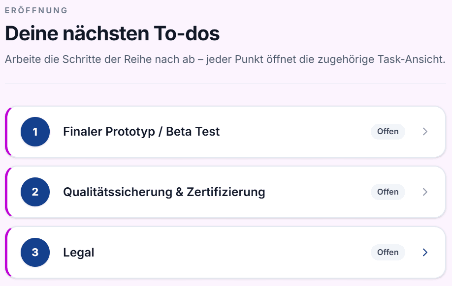 Idea Forge Eröffnungs-To-dos zu Qualität, Zertifizierung und Legal