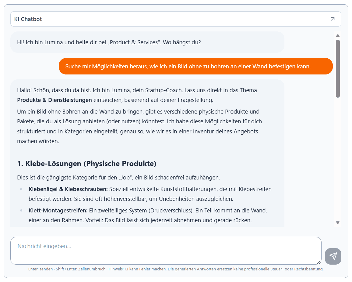 Idea Forge KI-Chat-Feld für Recherche und Formulierungen